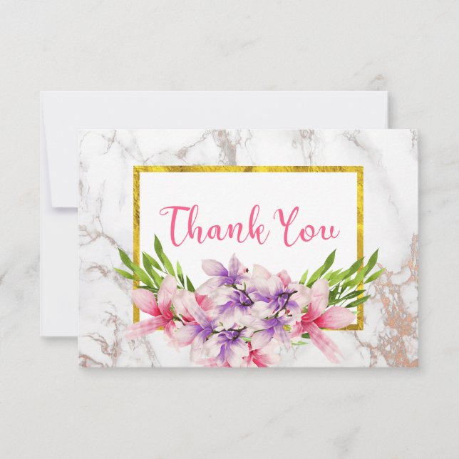 Watercolor Magnolias, Faux Marble Thank You Card (Front)