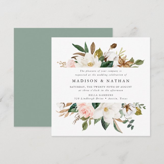 Watercolor Magnolias | Floral Wedding Invitation (Front/Back)