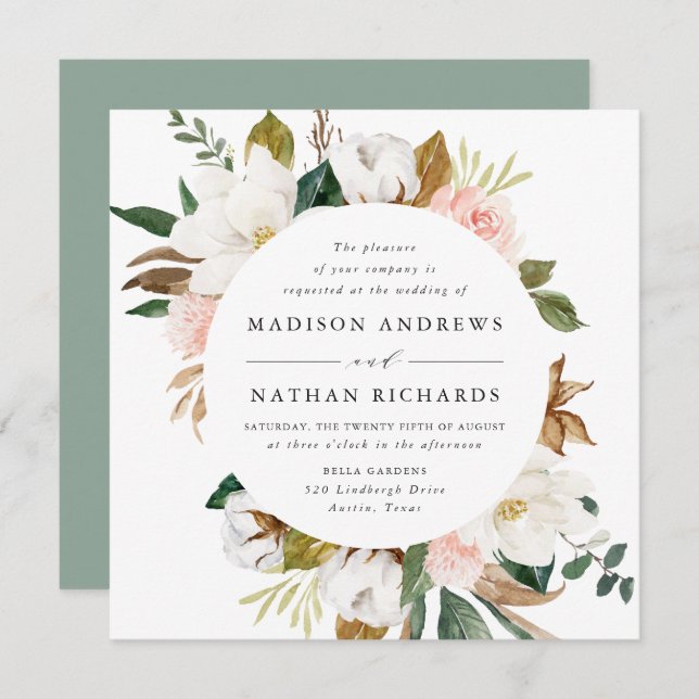 Watercolor Magnolias | Floral Wedding Invitation (Front/Back)