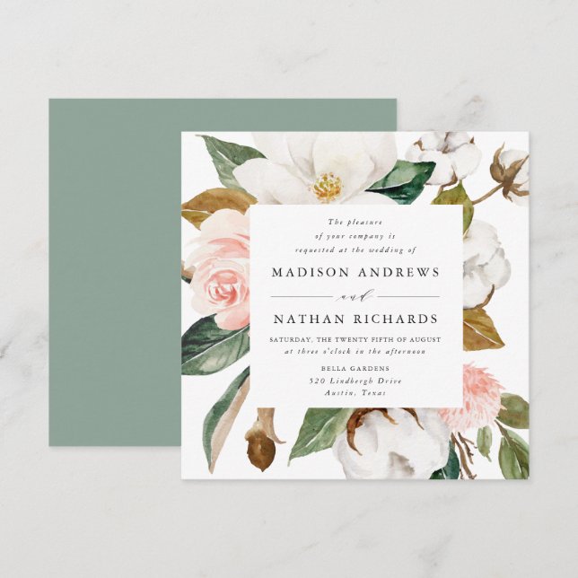 Watercolor Magnolias | Floral Wedding Invitation (Front/Back)