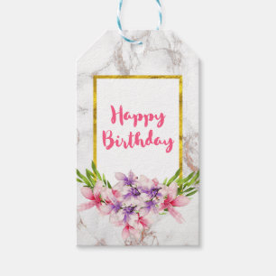Watercolor Magnolias on Faux Marble Birthday Gift Tags