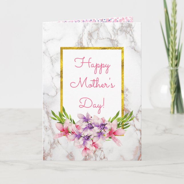 Watercolor Magnolias on Marble Mother's Day Card (Front)