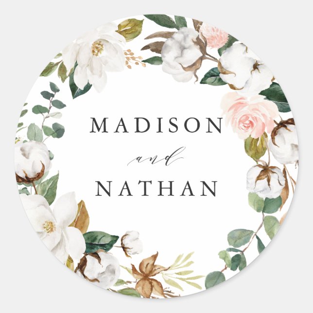 Watercolor Magnolias | Personalised Wedding Classic Round Sticker (Front)