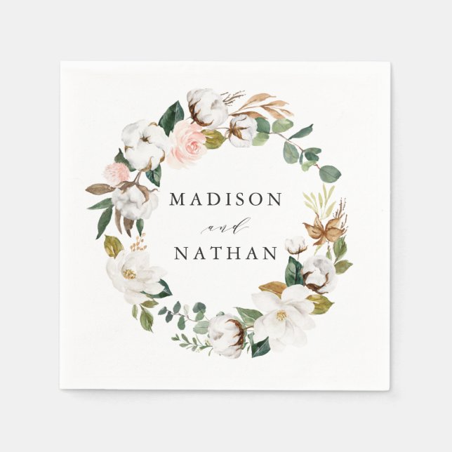 Watercolor Magnolias | Personalised Wedding Napkin (Front)