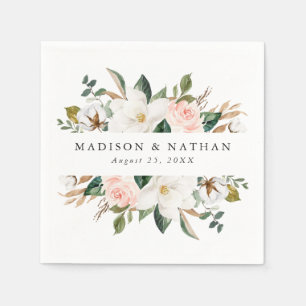 Watercolor Magnolias   Personalised Wedding Napkin