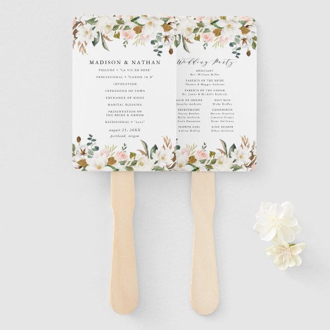 Watercolor Magnolias Personalised Wedding Program Hand Fan (Front and Back)