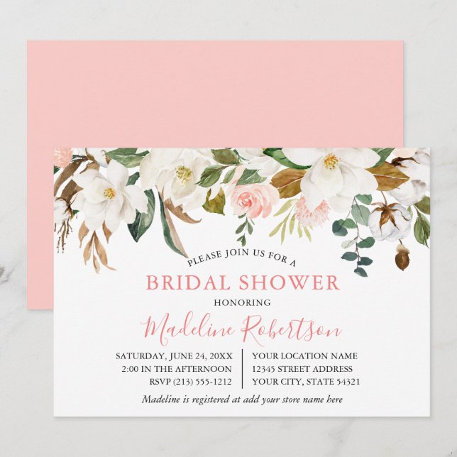 Watercolor Magnolias Pink Roses Bridal Shower Invitation (Front/Back)