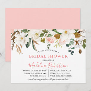 Watercolor Magnolias Pink Roses Bridal Shower Invitation
