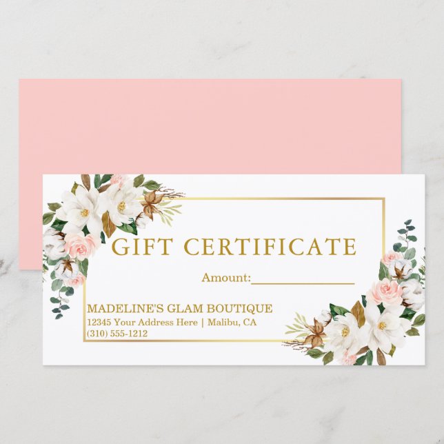 Watercolor Magnolias Pink Roses Gift Certificate (Front/Back)