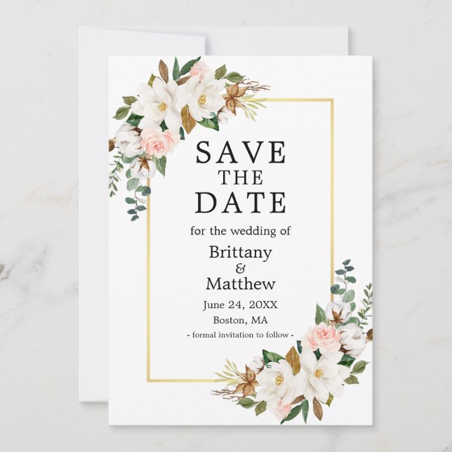 Watercolor Magnolias Pink Roses Gold Frame Save The Date (Front)