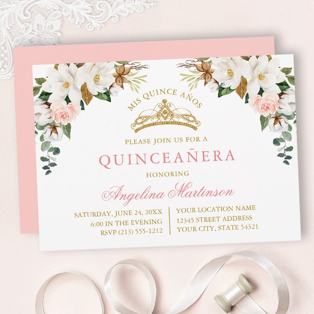 Watercolor Magnolias Pink Roses Gold Quinceanera Invitation (Customize to change text color, text style or color of back of card.)
