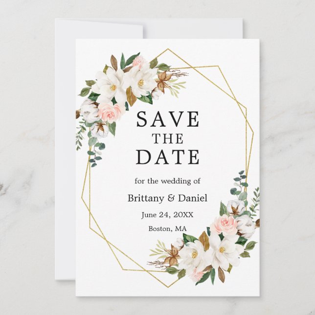 Watercolor Magnolias Pink Roses Gold Save The Date (Front)