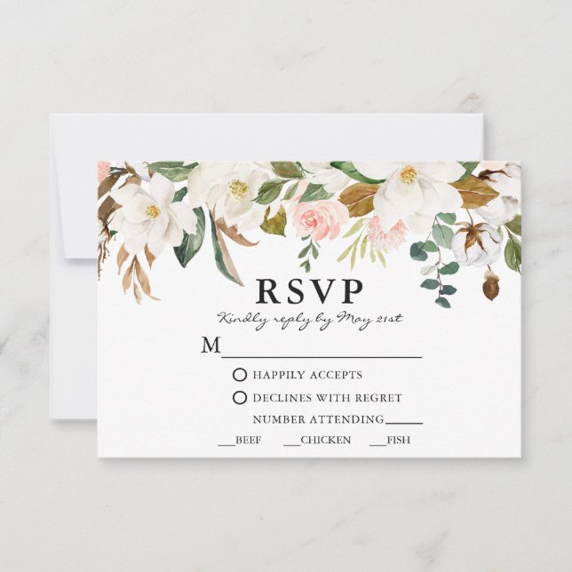 Watercolor Magnolias Pink Roses Wedding Meal RSVP Card (Front)