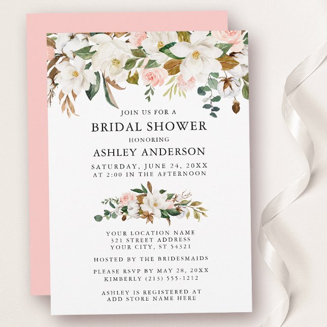 Watercolor Magnolias Roses Bridal Shower Pink Invitation (Customize to change text color, text style or color of back of card.)