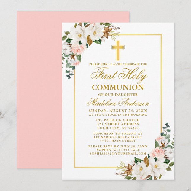 Watercolor Magnolias Roses First Communion Gold  Invitation (Front/Back)