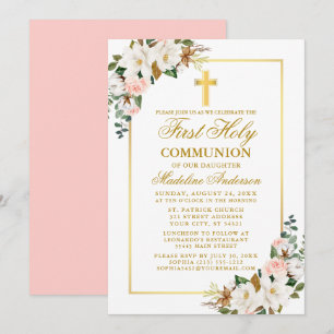 Watercolor Magnolias Roses First Communion Gold  Invitation
