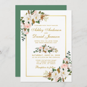 Watercolor Magnolias Roses Floral Gold Wedding Invitation