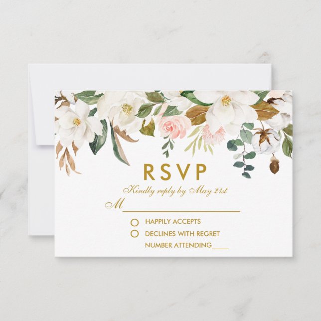 Watercolor Magnolias Roses Floral Gold Wedding RSVP Card (Front)
