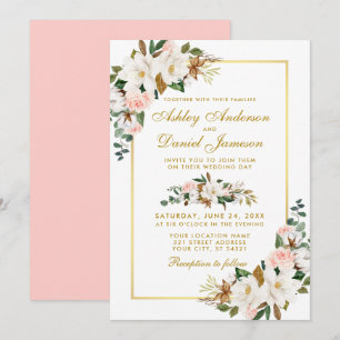 Watercolor Magnolias Roses Floral Wedding Gold Invitation
