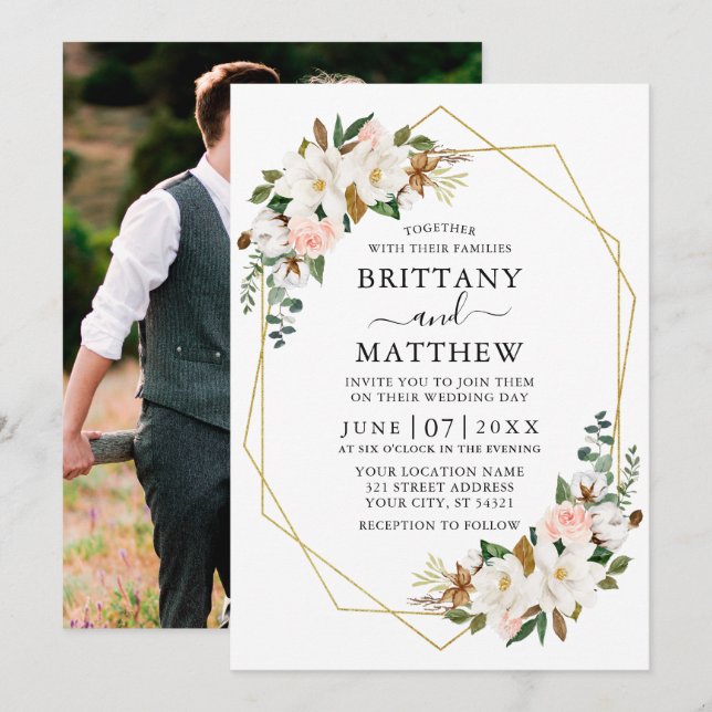 Watercolor Magnolias Roses Geo Frame Photo Wedding Invitation (Front/Back)