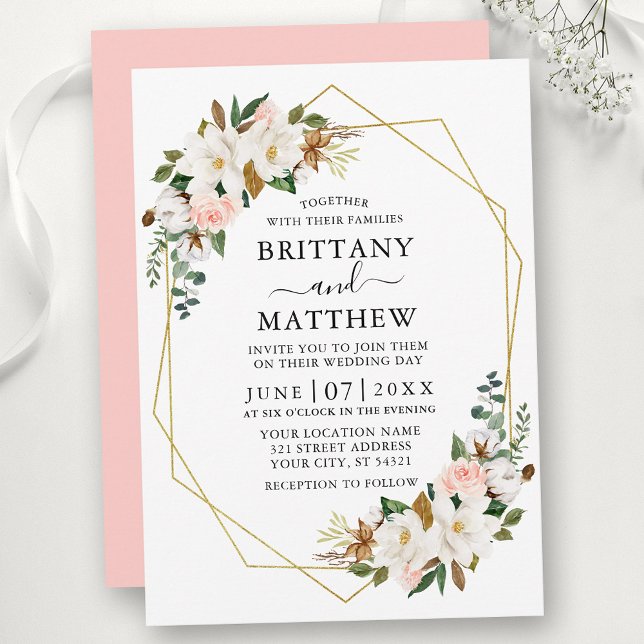 Watercolor Magnolias Roses Geo Frame Pink Wedding Invitation (Customize to change text color, style, add text & photos to back or change color of back of card.)