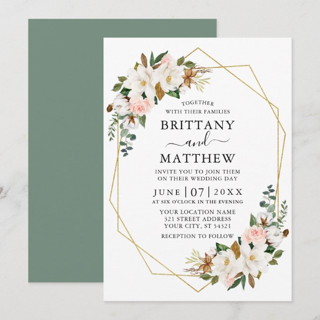 Watercolor Magnolias Roses Geo Sage Green Wedding Invitation (Front/Back)