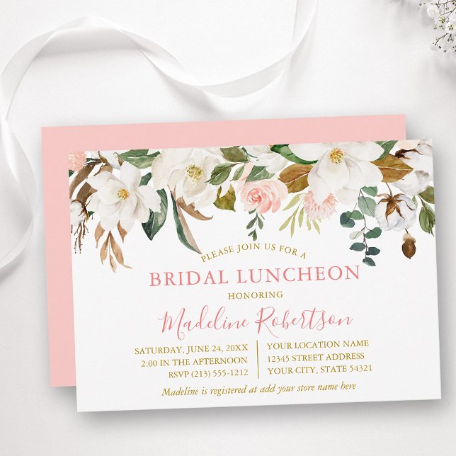Watercolor Magnolias Roses Gold Bridal Luncheon Invitation (Customize to change text color, text style or color of back of card.)