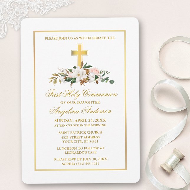 Watercolor Magnolias Roses Gold Cross Communion Invitation (Customize to change text color, size, style or to add photos or more text to back of card.)