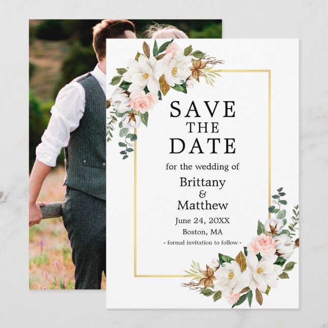 Watercolor Magnolias Roses Gold Frame Photo Save The Date (Front/Back)
