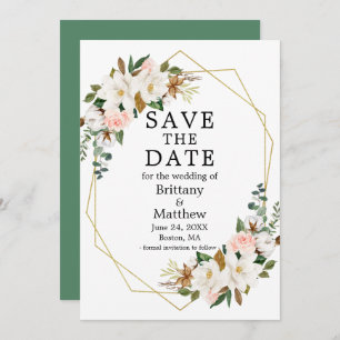 Watercolor Magnolias Roses Gold Geo Frame Green Save The Date