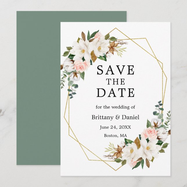 Watercolor Magnolias Roses Gold Sage Green Save The Date (Front/Back)