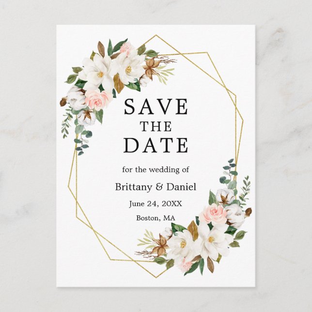 Watercolor Magnolias Roses Gold Save The Date Announcement Postcard (Front)
