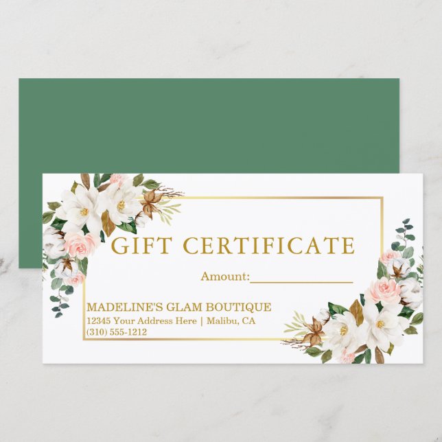 Watercolor Magnolias Roses Green Gift Certificate (Front/Back)