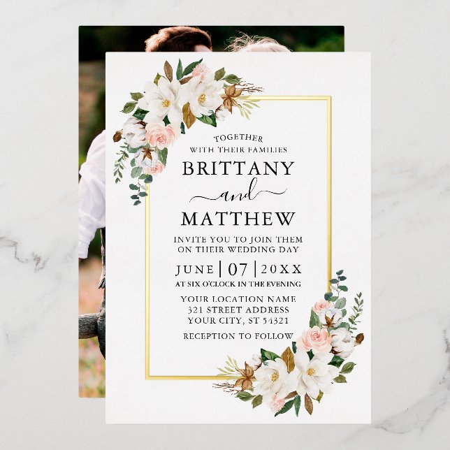 Watercolor Magnolias Roses Photo Wedding Gold (Front/Back)