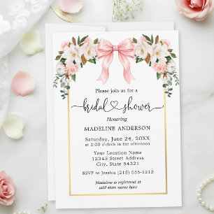 Watercolor Magnolias Roses Pink Bow Bridal Shower Invitation