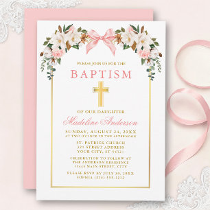 Watercolor Magnolias Roses Pink Bow Gold Baptism Invitation