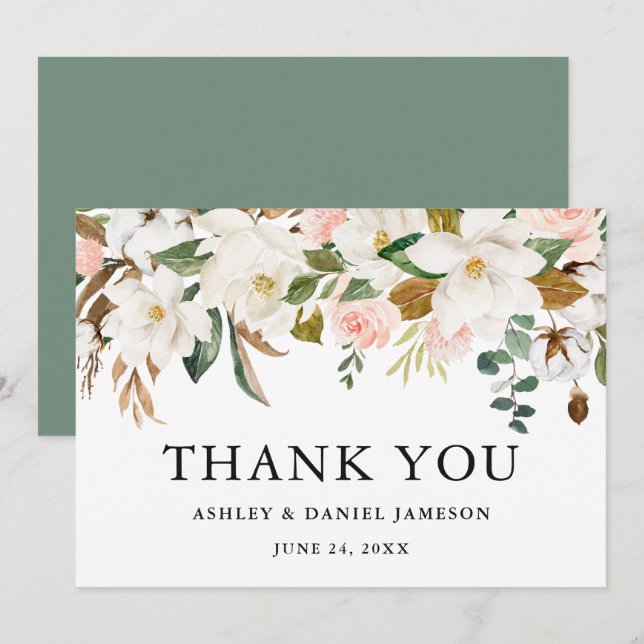 Watercolor Magnolias Roses Sage Green Wedding Thank You Card (Front/Back)