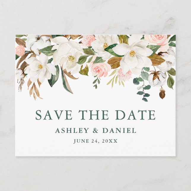 Watercolor Magnolias Roses Save The Date Green Postcard (Front)