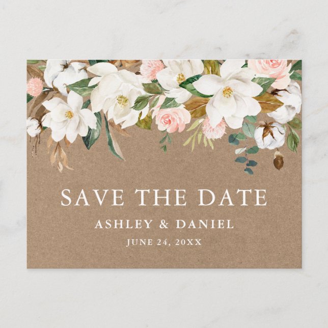 Watercolor Magnolias Roses Save The Date Kraft Postcard (Front)