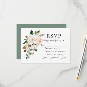 Watercolor Magnolias Roses Wedding Meal Sage Green RSVP Card