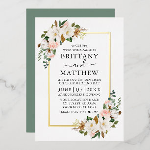 Watercolor Magnolias Roses Wedding Sage Green Gold