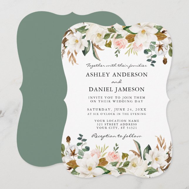 Watercolor Magnolias Roses Wedding Sage Green Invitation (Front/Back)