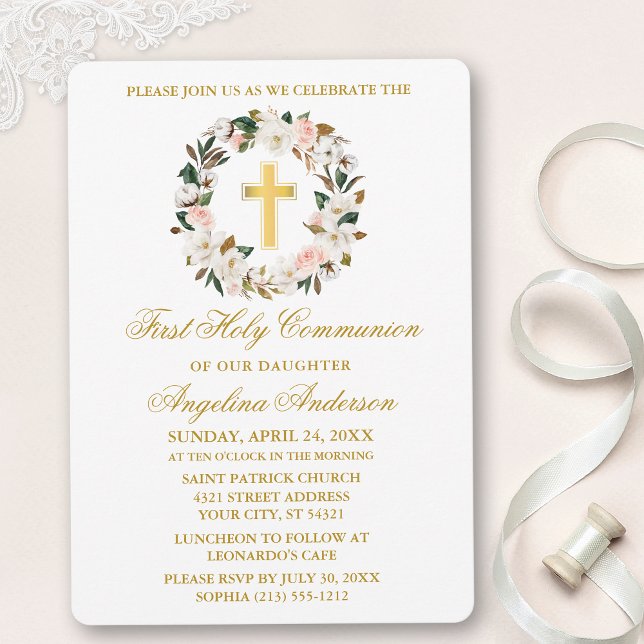 Watercolor Magnolias Roses Wreath Gold Communion Invitation (Customize to change text color, size, style or to add photos or more text to back of card.)