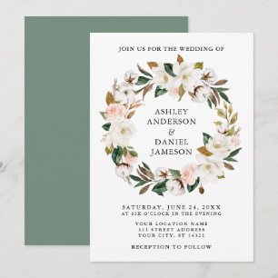 Watercolor Magnolias Roses Wreath Sage Green Invitation