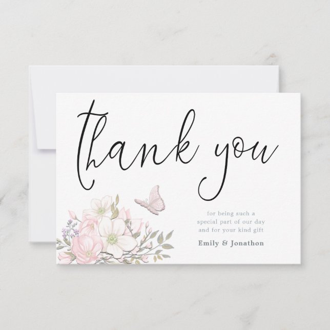 Watercolor Magnolias Stylish Script Photo Thank You Card (Front)