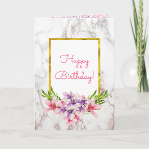 Watercolor Magnolias, White Marble Design Birthda Card