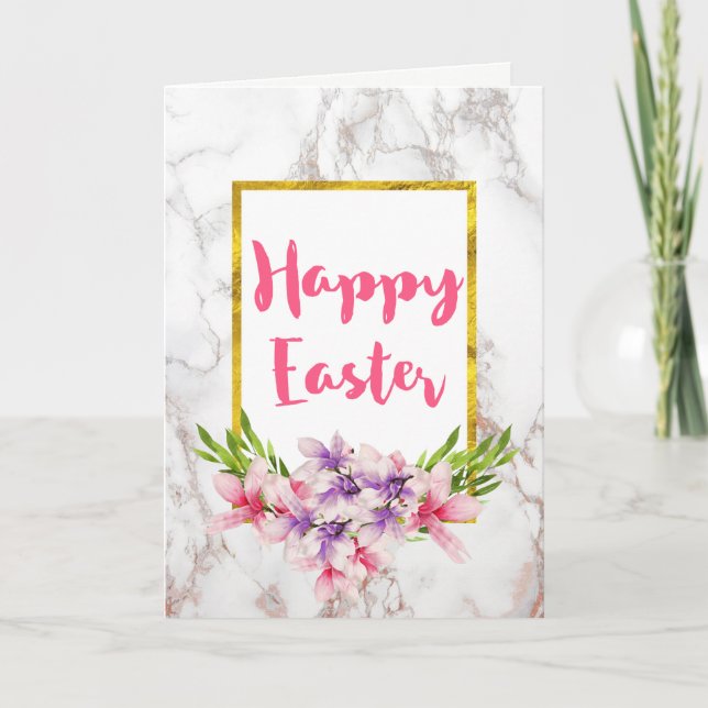 Watercolor Magnolias, White Marble Easter Holiday Card (Front)