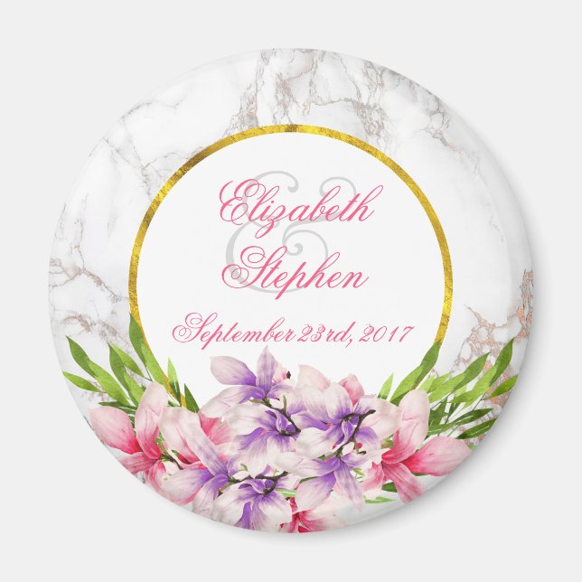 Watercolor Magnolias, White Marble Texture Wedding Magnet (Front)