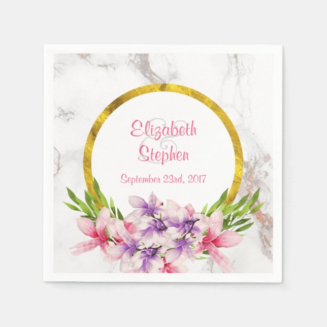 Watercolor Magnolias, White Marble Texture Wedding Napkin (Front)