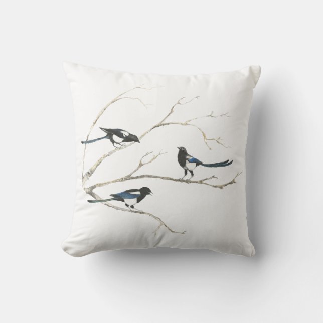 Watercolor Magpie Bird Family Animal Cushion (Front)